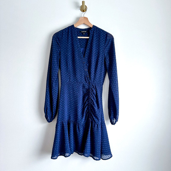 Yumi Kim Valencia Swiss Dot Long Sleeve Mini Dress Navy 2XS $228 - Picture 2 of 11